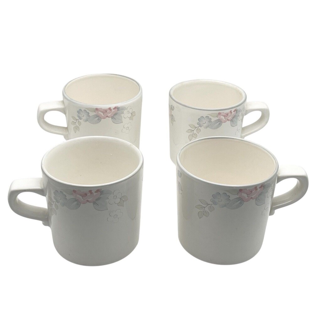 Vintage Pfaltzgraff WYNDHAM USA by 4 MUGS CUPS 8 Oz  Floral White Stoneware USA